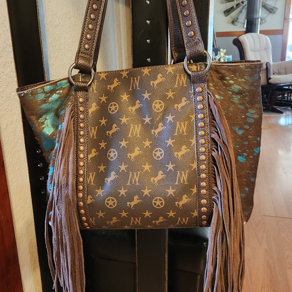 MONTANA WEST Teal Metallic Calf Hair w/ Fringe LoGo Tote